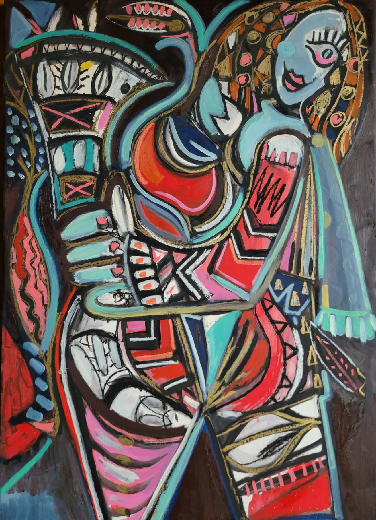 Jeune fille au Chofar 2017 Huile sur papier marouflé sur toile 100 x 70 cm